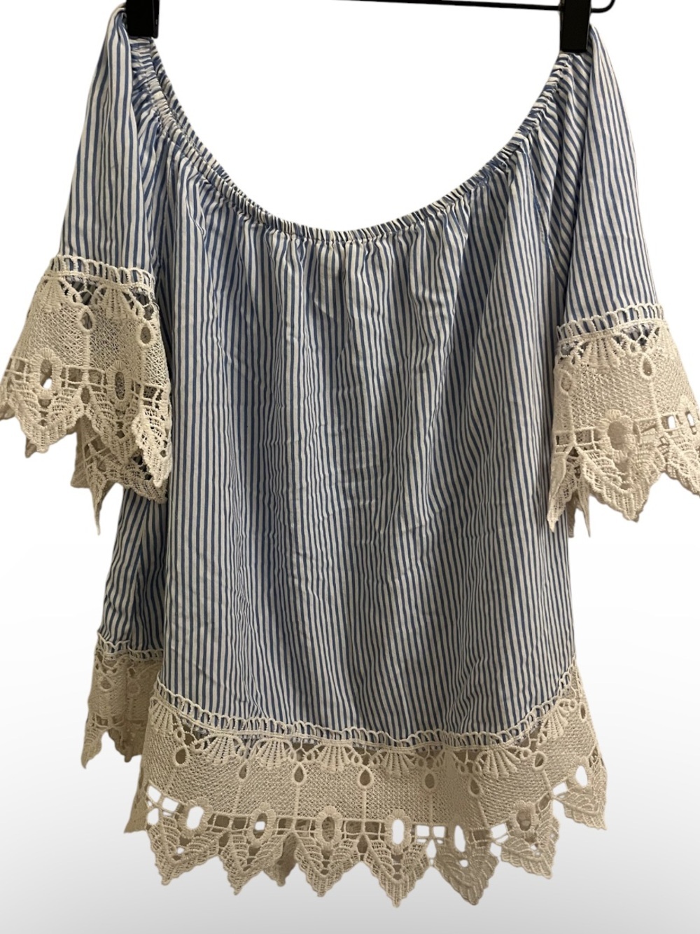 Unique Spectrum Blue Stripe Crochet-Trim Off-Shoulder Top